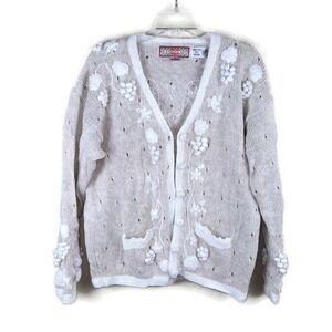 Cardigan Bay Womens Cardigan Sweater‎ Knit Grape Vine Ivory White Small